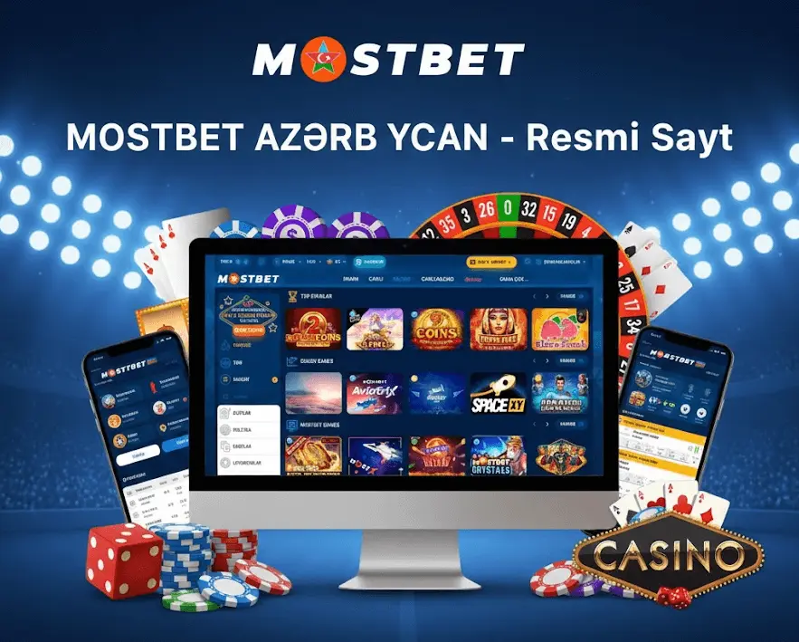 Mostbet Azərbaycan rəsmi platforması loqosu və oyun elementləri